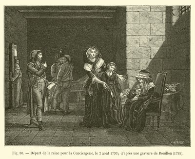 Vertrek van de koningin naar de Conciergerie, op 2 augustus 1793; naar een gravure van Bouillon, 1795 door French School