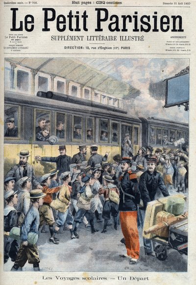 Vertrokken op het station voor een schoolreisje. De kinderen stappen in de trein, in Le petit Parisien door French School