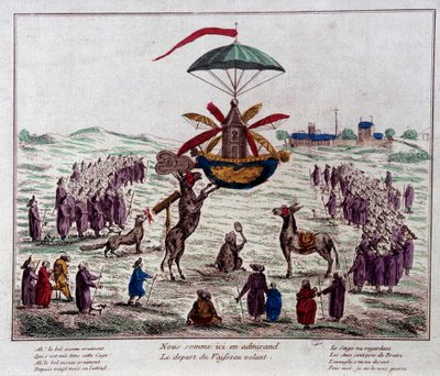 Vertrek van het satirische vliegende schip op de vliegmachine bedacht door Jean-Pierre Blanchard (1753-1809): ezels, apen en blinden kijken naar de vreemde machine uitgerust met zes vleugels en een roer. Gravure uit het einde van de 18e eeuw. Parijs, Musée door French School