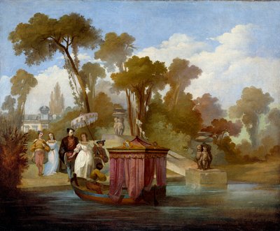 Vertrek voor de wandeling (in de 16e eeuw). Een paar wachtend om in een boot met een luifel te stappen. door French School