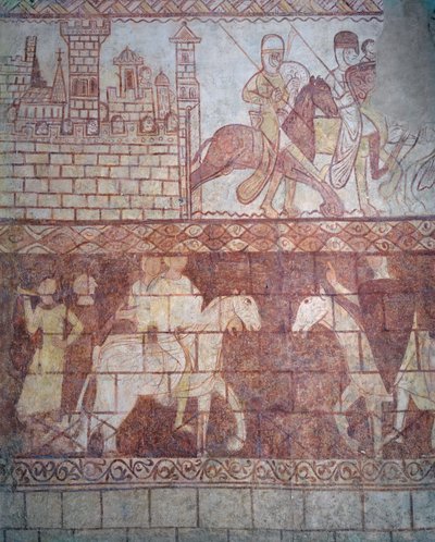 Vertrek van de kruisvaarders Tempeliers in 1163 vanuit hun Syrische kasteel Krak des Chevaliers voor de slag bij Boquée door French School