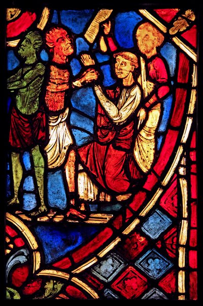 Theophilus sluit een deal met een duivel; uit de kerk van Varennes-Jarcy (oorspronkelijk uit de Abdij van Gercy?) door French School