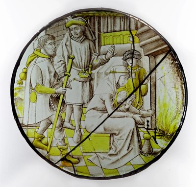 Een St. Jacobus pelgrim betreedt een herberg door French School
