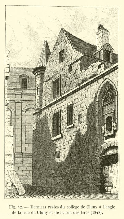 Laatste resten van het college van Cluny op de hoek van rue de Cluny en rue des Gres, 1848 door French School