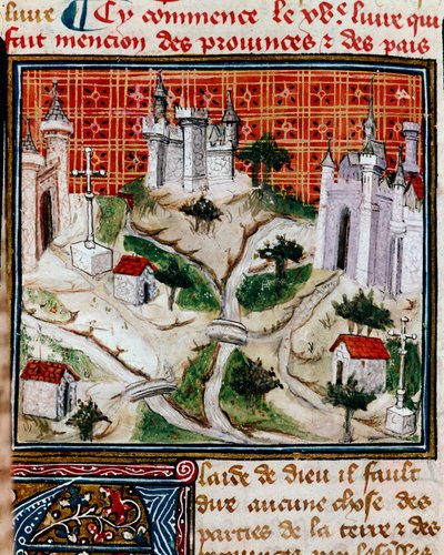 Van provincies en landen van de aarde Presentatie van het volume dat verwijst naar territoria en geschiedenis van provincies en landen. Miniatuur uit 