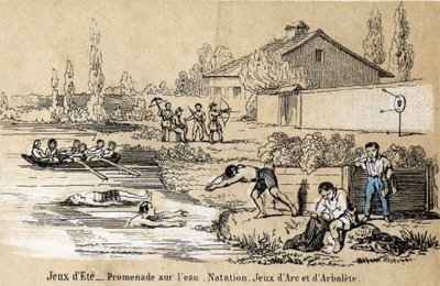 Beschrijving van kinderactiviteiten en spelletjes: buitenspellen in de zomer en waterspellen, zwemmen, pootjebaden, boogschieten en kruisboog. Plaat 