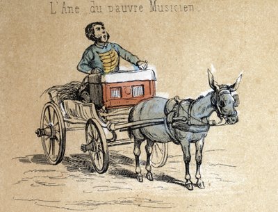 Beschrijving van de verschillende producten en toepassingen van de ezel: het dier begeleidt de reizende muzikant. Detail van de plaat 