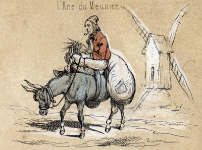 Beschrijving van de verschillende producten en toepassingen van de ezel: het dier helpt de molenaar. (detail) in "Les Recreations instructives" Synoptisch schilderij door Jules Delbruck, gravure uit 1860. Privécollectie. door French School