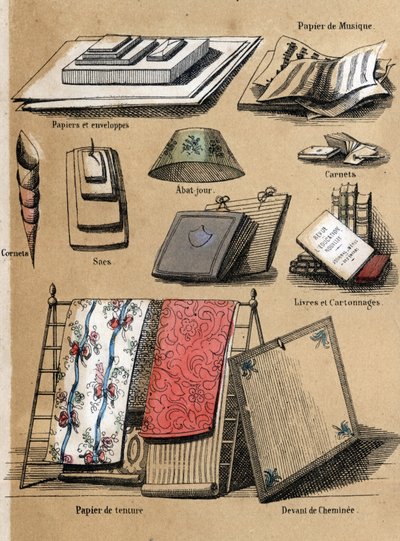 Beschrijving van de verschillende producten en toepassingen van papier: verschillende voorwerpen gemaakt van papier (enveloppen, bladmuziek, tassen, lampenkappen, notitieboekjes en boeken, behang. Plaat 