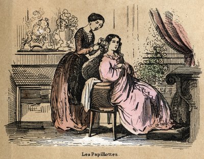Beschrijving van de verschillende producten en toepassingen van papier: folies, stukjes papier gebruikt om haar te scheiden door drogers. Plaat "Le papier et ses producten" in "les Recreations instructives" Synoptisch schilderij door Jules Delbruck, gravur door French School