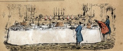Beschrijving van de verschillende producten en toepassingen van de koe: producten van de koe (kaas, rundvlees) op de tafel van een mondain buffet tijdens een bal. Plaat 