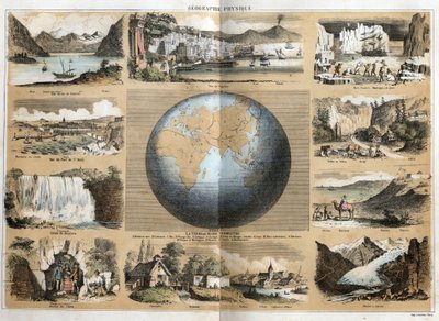 Beschrijving van de verschillende soorten landschappen en reliëfs afhankelijk van de geografie: in het midden de aarde of globe met aanduidingen van de zeeën en oceanen, continenten, eilanden, bergketens, golfen, kapen, zeestraten en landengtes. Uitzicht o door French School