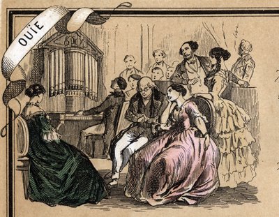 Beschrijving van de vijf zintuigen: detail van het gehoor, een muziekconcert tijdens een sociale avond. Plaat "Les cinq sens" in "les Recreations instructives" Synoptisch schilderij door Jules Delbruck, gravure uit 1860. Privécollectie. door French School