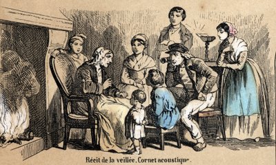 Beschrijving van de vijf zintuigen: detail van het gehoor, de verhalen tijdens de nacht in de huisjes, een oude man gebruikt een akoestische kegel. Plaat "Les cinq sens" in "les Recreations instructives" Synoptisch schilderij door Jules Delbruck, gravure u door French School