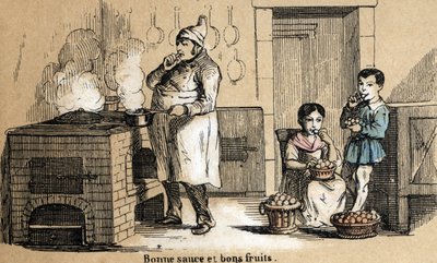Beschrijving van de vijf zintuigen: detail van de smaak, een kok proeft zijn saus en kinderen knabbelen aan fruit. Plaat 