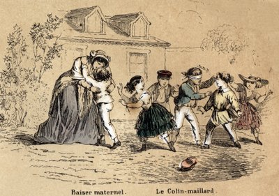 Beschrijving van de vijf zintuigen: de aanraking, een moeder die haar kind omhelst voor moederlijk contact en het spel van de collin-aillard. Plaat 
