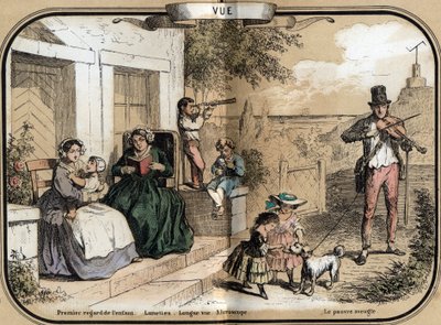 Beschrijving van de vijf zintuigen: het zicht, van links naar rechts, een baby die haar ogen opent naar haar moeder, een oude vrouw die leest met een bril, een jongetje dat speelt met een verrekijker (verrekijker) waarmee je van een lange afstand kunt zien door French School