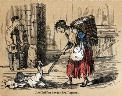 Beschrijving van de verschillende producten en toepassingen van papier: de verzameling van oude lompen waaruit het papier wordt gemaakt. Plaat 