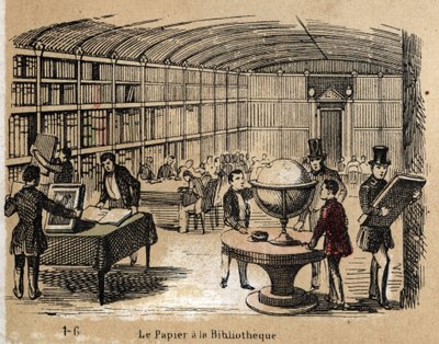 Beschrijving van de verschillende producten en toepassingen van papier: zicht op een bibliotheek met papieren werken. Plaat 