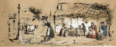 Beschrijving van de verschillende producten en toepassingen van de koe: scène uit het dagelijks leven in een dorp. Plaat "La coache et ses produits" in "les Recreations instructives" Synoptisch schilderij door Jules Delbruck, gravure uit 1860. Privécollect door French School