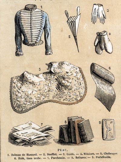 Beschrijving van de verschillende toepassingen en producten van schapen: leerbewerking en weergave van producten van schapenleer, huzarenjas, blaasbalg, handschoenen, boekbanden en perkament, portemonnee en accessoires. Plaat 