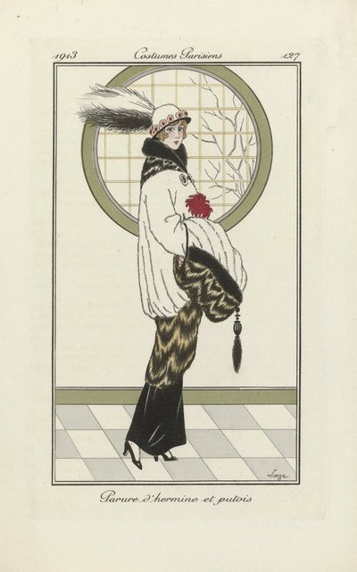 Ontwerp voor Hermelijn en Bunzing Ensemble, uit Costumes Parisien, pub.1913 door French School