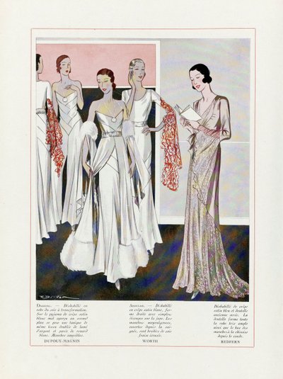 Ontwerp voor Avondjurken door Depouy-Magnin, Worth, en Redfern, pub. 1931 kleurenlithografie door French School