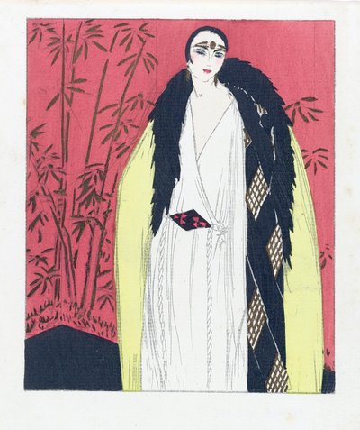 Ontwerp voor een avondjurk met bont afgezette cape, pub. 1924 pochoir print door French School