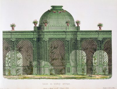 Ontwerp voor een galerij met boogvormig traliewerk en een centrale koepel, gepubliceerd voor het Bureau de Moniteur des Menusiers, Parijs door French School