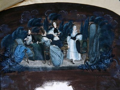 Ontwerp voor de decoratie van een waaier die een theekransje uitbeeldt door French School