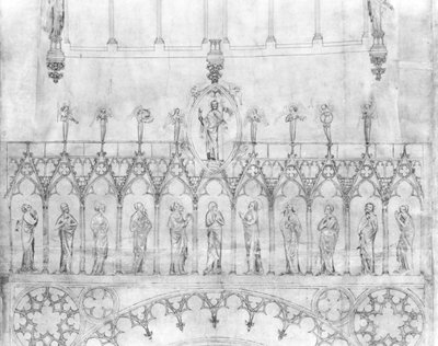 Ontwerp voor de galerij van koningen op de gevel van de Kathedraal van Straatsburg, ca. 1380 (detail) door French School