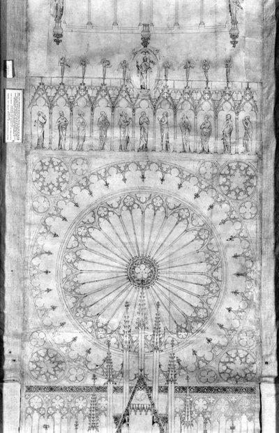 Ontwerp voor het roosvenster en de galerij van koningen op de gevel van de Kathedraal van Straatsburg, ca. 1380 door French School