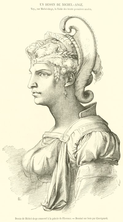Tekening van Michelangelo bewaard in de galerij van Florence door French School