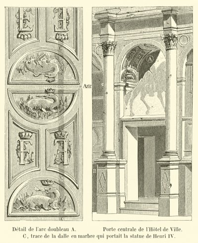 Detail van de dubbele boog A, centrale poort van het Stadhuis, C, spoor van de marmeren plaat die het standbeeld van Hendrik IV droeg door French School