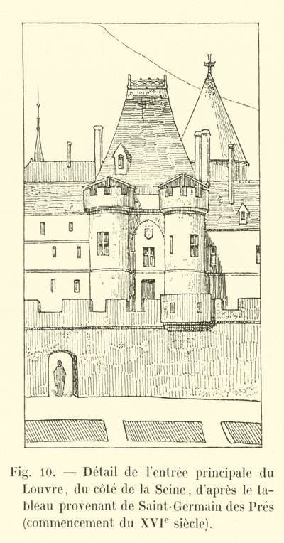 Detail van de hoofdingang van het Louvre, aan de kant van de Seine, naar het schilderij afkomstig van Saint-Germain des Prés, begin 16e eeuw door French School