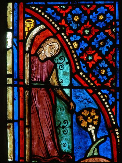 Detail uit een raam met scènes uit het leven van St. Maria de Egyptische door French School