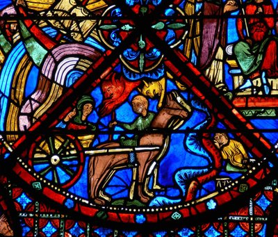 Detail (paarden, kar en demonen) uit een raam van scènes uit het leven van St. Stephen door French School