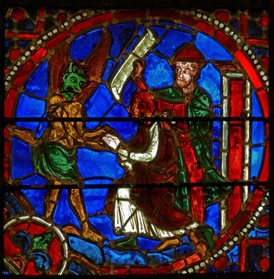 Detail (een raam) met scènes uit het wonder van Theophilus door French School