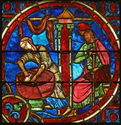 Detail van een venster met de geboorte van Christus door French School