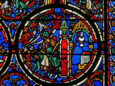 Raam met de Passie: Christus begroet bij zijn intocht in Jeruzalem (detail) door French School