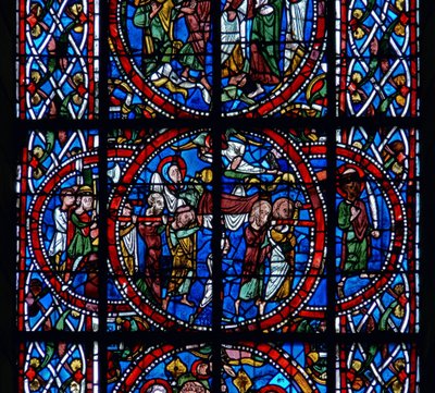 Detail (begrafenis) uit een raam van de Dood en Tenhemelopneming van de Maagd Maria door French School