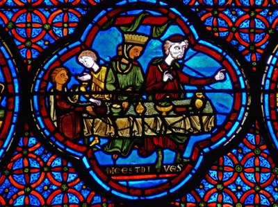 Detail uit een raam van de gelijkenis van Lazarus en de Rijke Man door French School