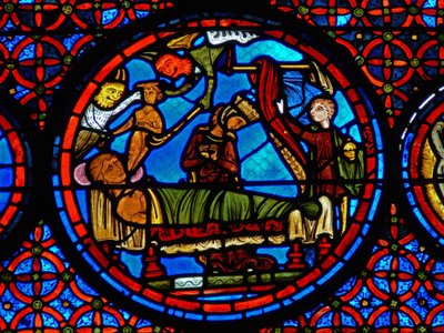 Detail uit een raam van de gelijkenis van Lazarus en de Rijke Man door French School
