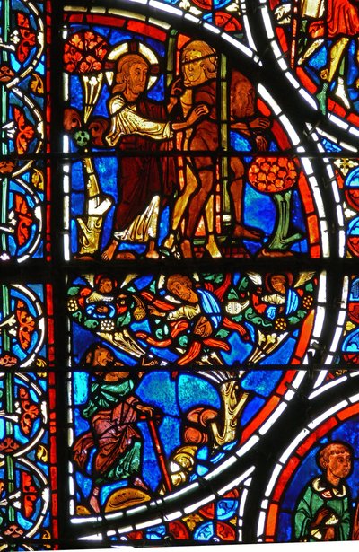 Detail (God verdrijft Adam en Eva uit de Hof van Eden) uit een raam van de gelijkenis van de Barmhartige Samaritaan door French School