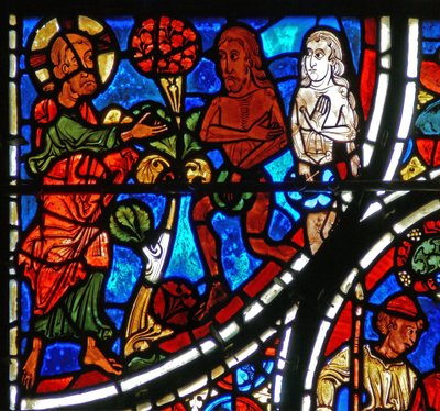 Detail (God confronteert Adam en Eva) uit een raam van de gelijkenis van de Barmhartige Samaritaan door French School