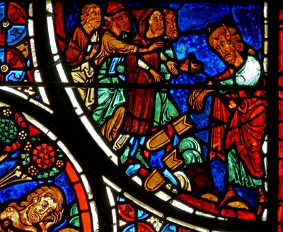 Detail (Mozes gooit de tafelen neer) uit een raam van de gelijkenis van de Barmhartige Samaritaan door French School