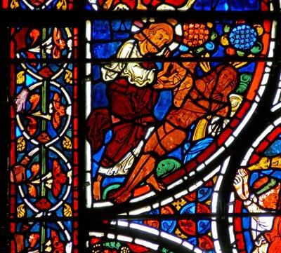 Detail (schepping van Eva) uit een raam van de gelijkenis van de Barmhartige Samaritaan door French School