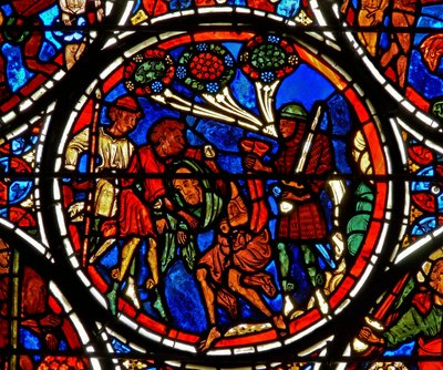 Detail (kleren van de man worden gestolen) uit een raam van de gelijkenis van de Barmhartige Samaritaan door French School