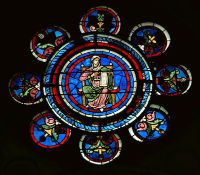 Detail van het noordelijke roosvenster met retorica uit de vrije kunsten door French School