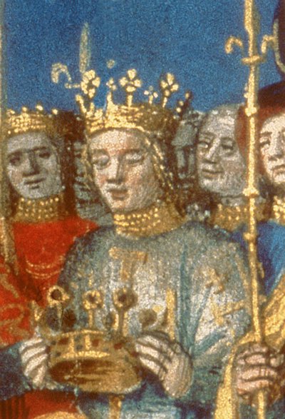 Detail van Fr 6465 f.247v Kroning van Lodewijk VIII (1187-1226) en Blanche de Castile in Reims in aanwezigheid van de Koning van Jeruzalem (perkament) (detail) door French School